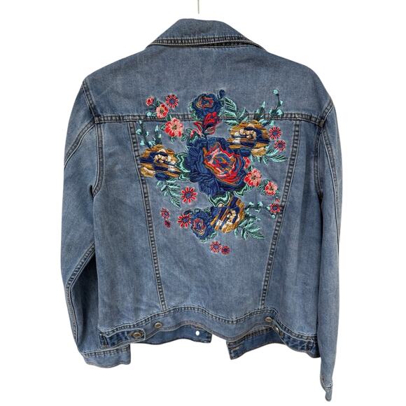 VOGE Embroidered Denim Jacket Boho Floral Jean Jacket Vintage Festival Western L - Picture 1 of 8